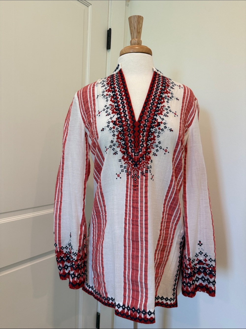Tory Burch Red, Black and White Embroidered V-Neck Tunic
